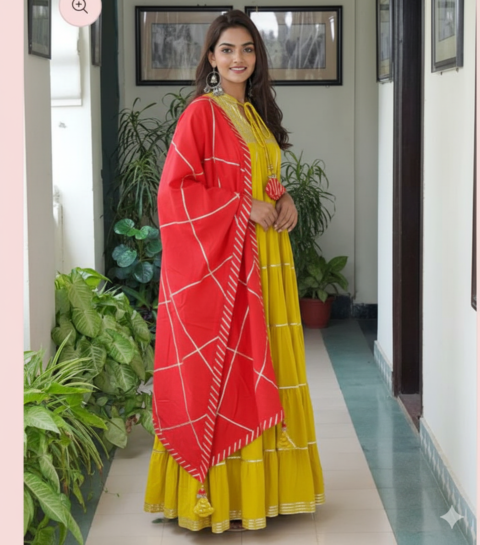 'Meghna' Vibrant MAHROON Tiered Gown with Contrasting Red Gota Dupatta Set