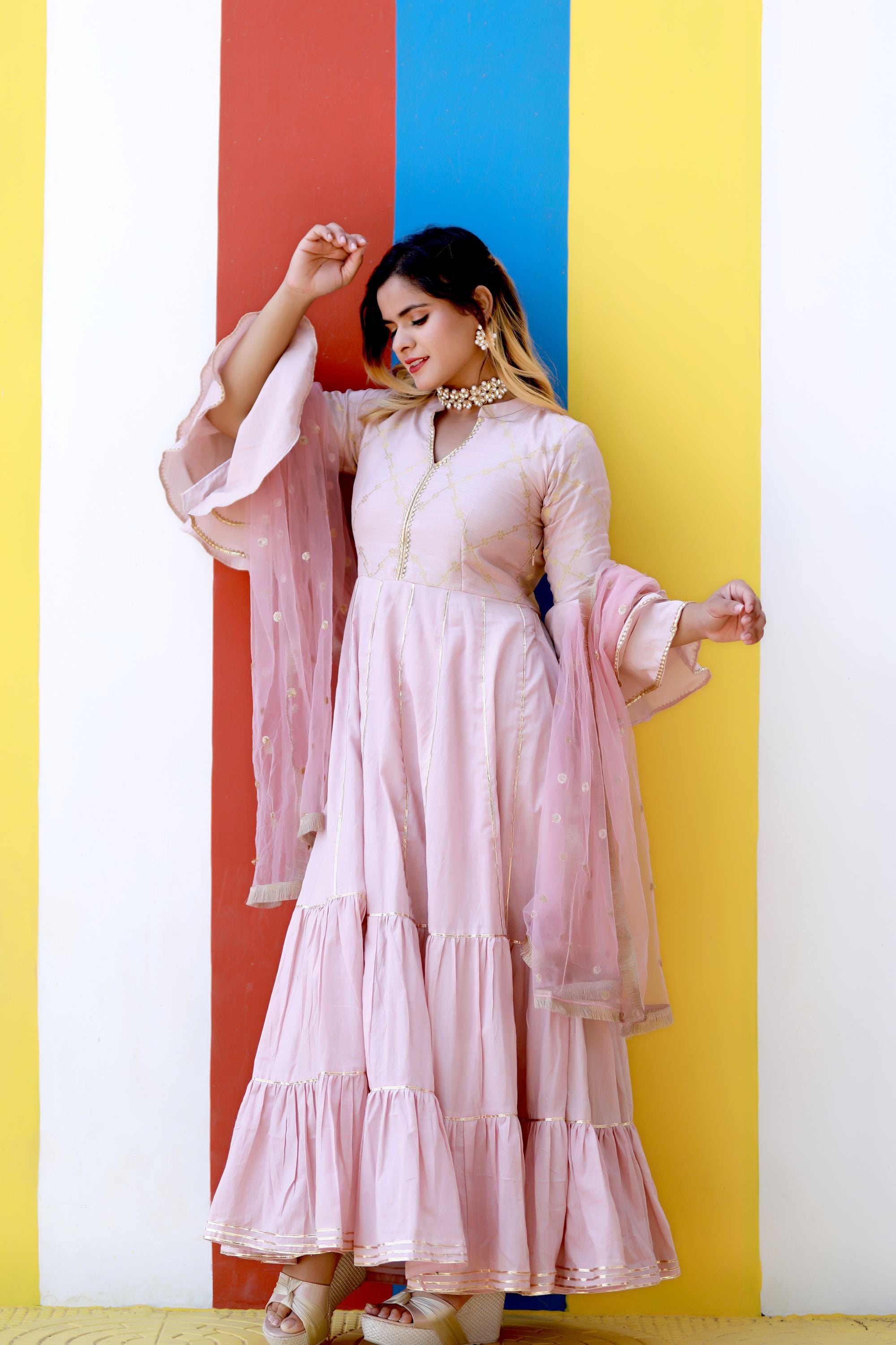 Pink Tired Anarkali Set