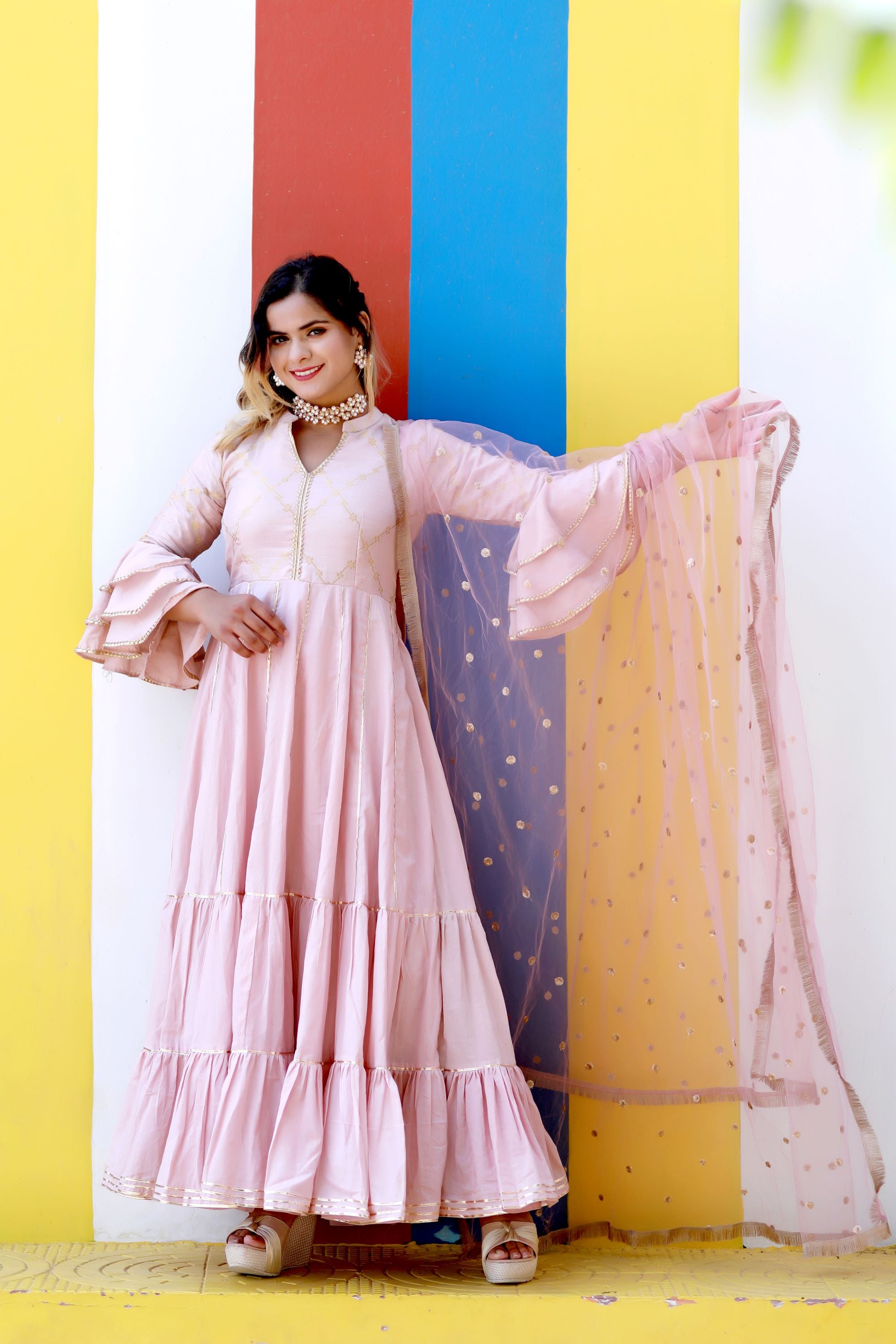 Pink Tired Anarkali Set