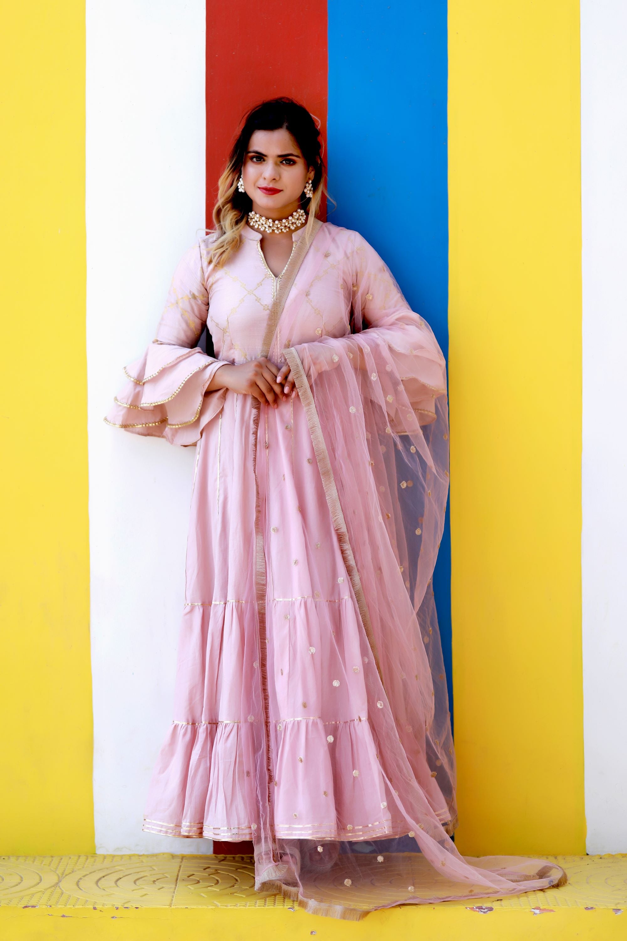 Pink Tired Anarkali Set